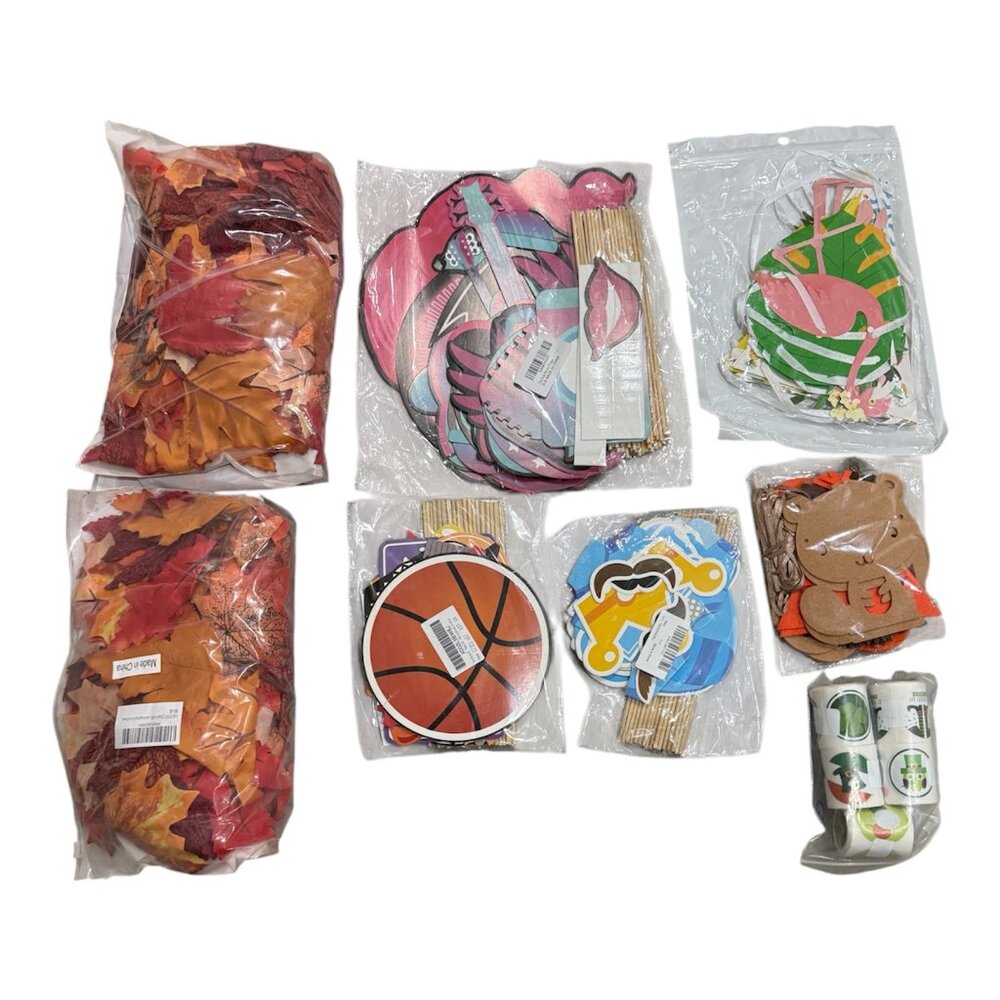 NEW - Party decorations with fall leaves, photo booth, streamers, and more
